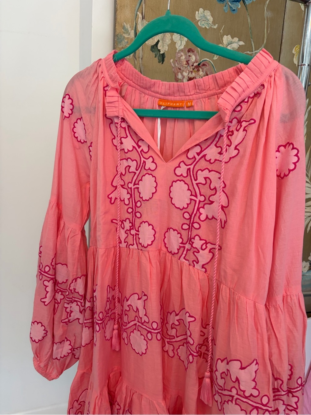 Oliphant Pink Embroidered Peasant Dress NWT